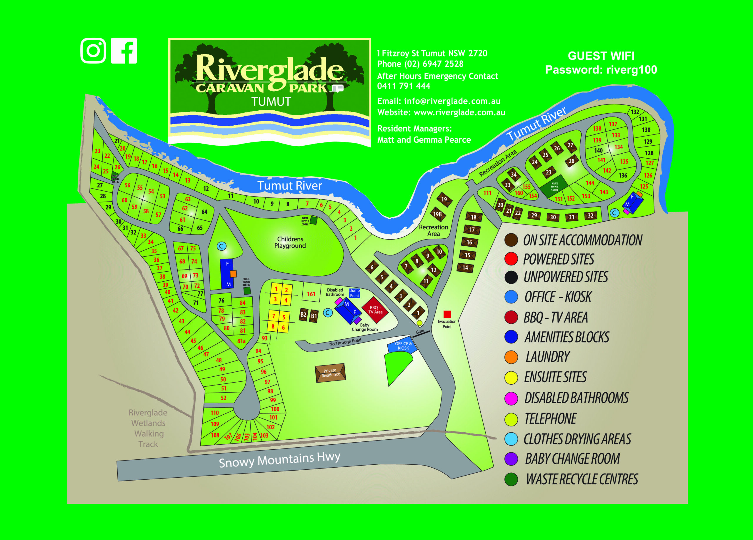Riverglade Caravan Park a range of accommodation in the Tumut Region. Park Map